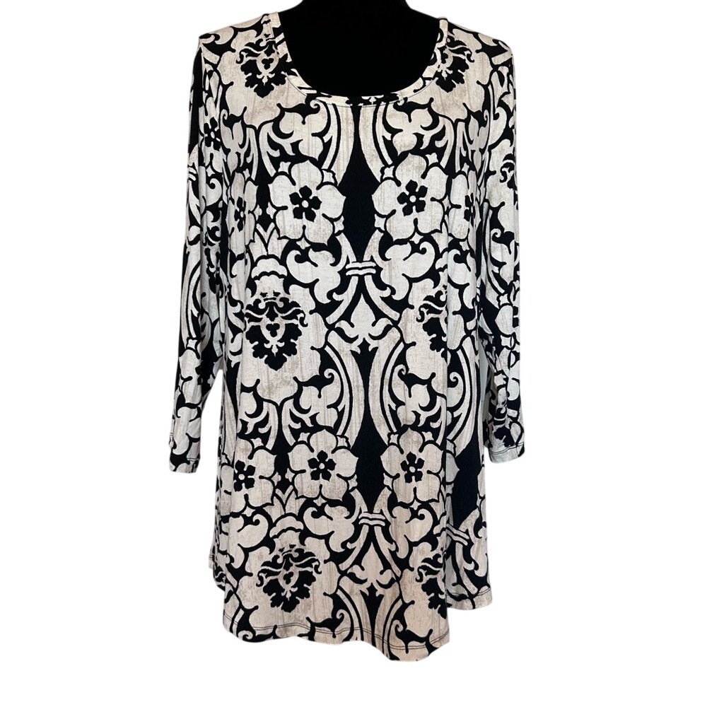 JM Collection Womens Black White Damask Floral 3/4 Sleeve Tunic‎ Top Large